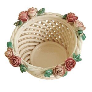 Vintage Italian Ceramic Rose Basket With Delicate Floral Accents & Green Leaves
